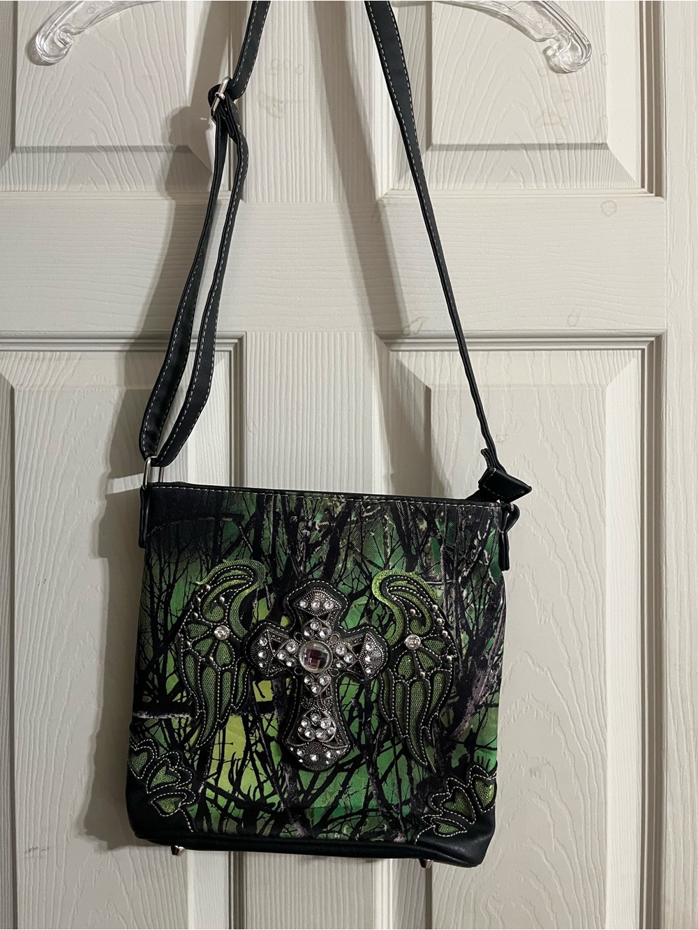 Green Embellished Crossbody Bag with Jeweled Cross Accent